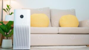 Air purifier in cozy living room for clean indoor air