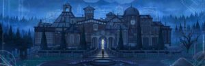 Blue Prince game key art showing the mysterious Mt. Holly mansion
