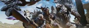 Monster Hunter Wilds promotional banner featuring hunter and monster