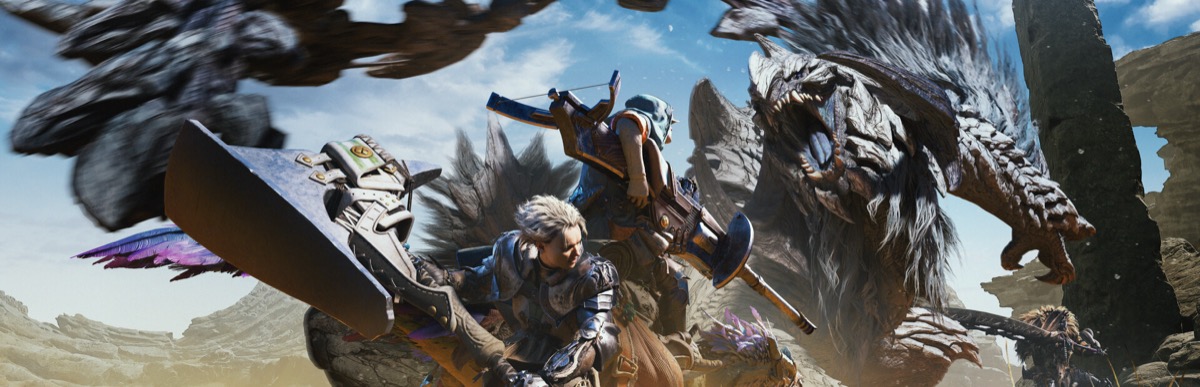 Monster Hunter Wilds promotional banner featuring hunter and monster