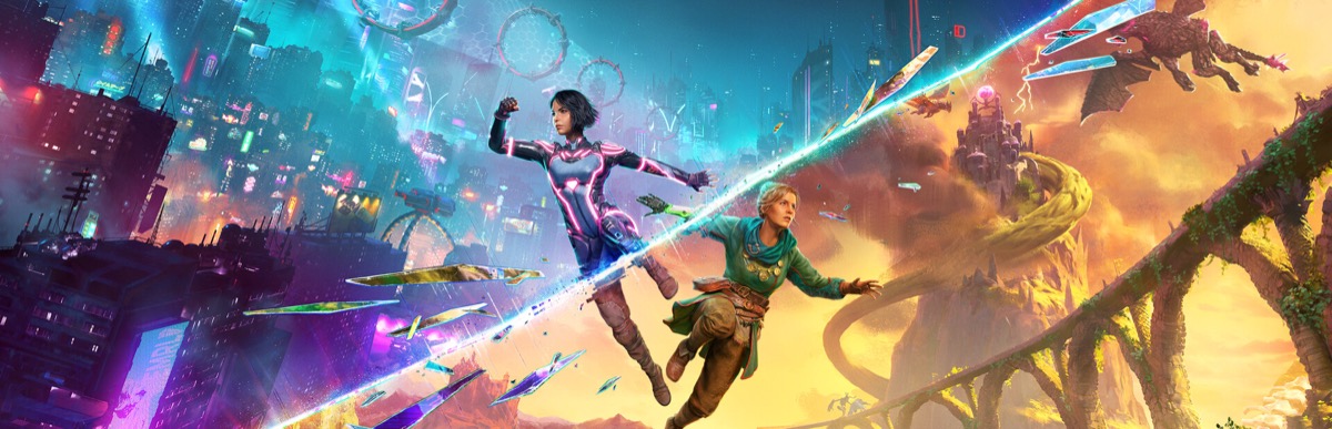 Split Fiction game promotional art featuring Zoe and Mio