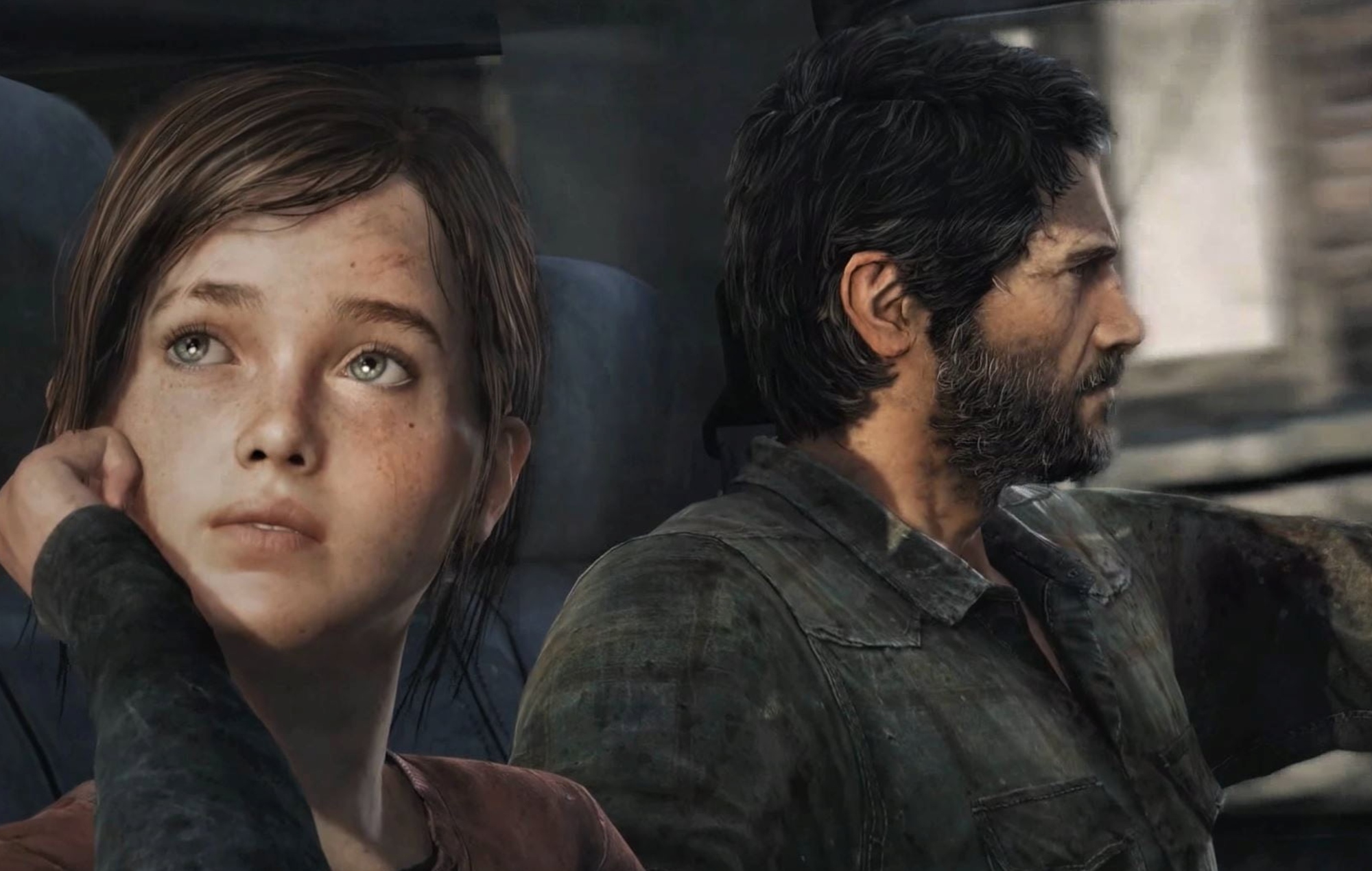 Joel and Ellie in The Last of Us, overlooking a post-apocalyptic cityscape