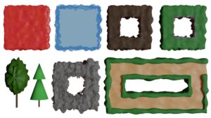 2D game tileset demonstrating procedural generation with ground, water, and terrain tiles