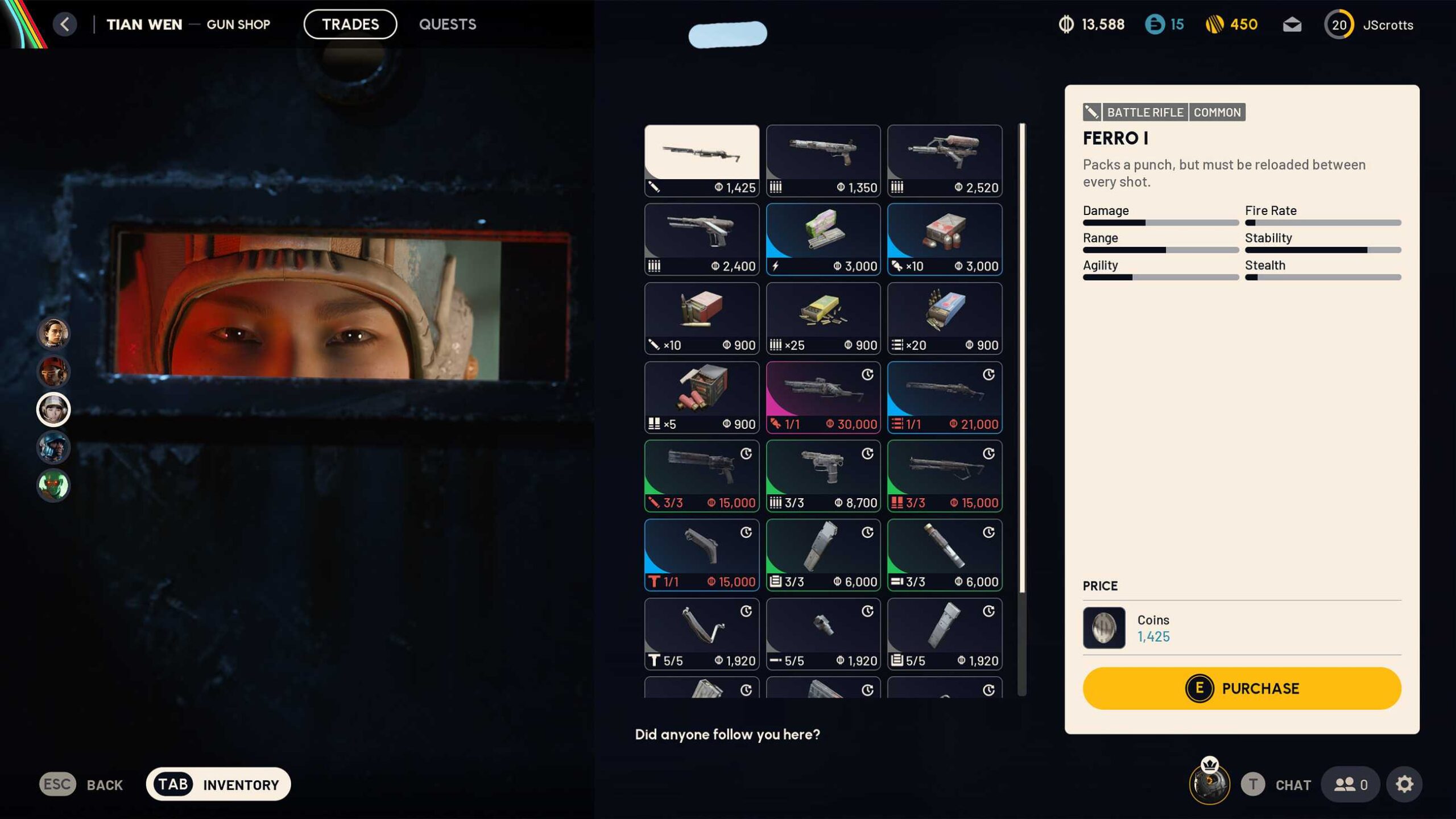 Arc Raiders Tian Wen vendor shop showing weapon prices