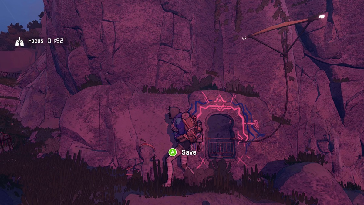 A bivouac shrine save point carved into the rock wall in Cairn