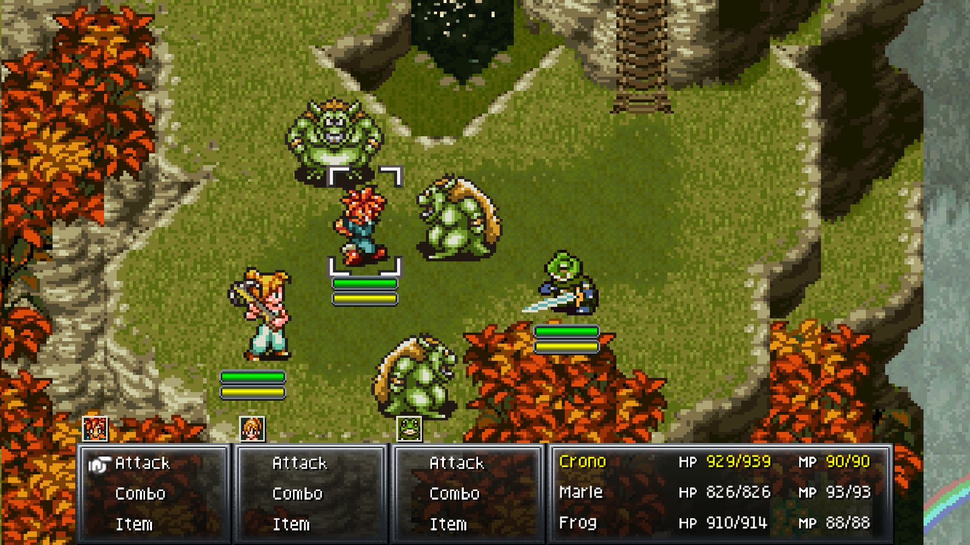Chrono Trigger battle system showing party members fighting enemies on the field map