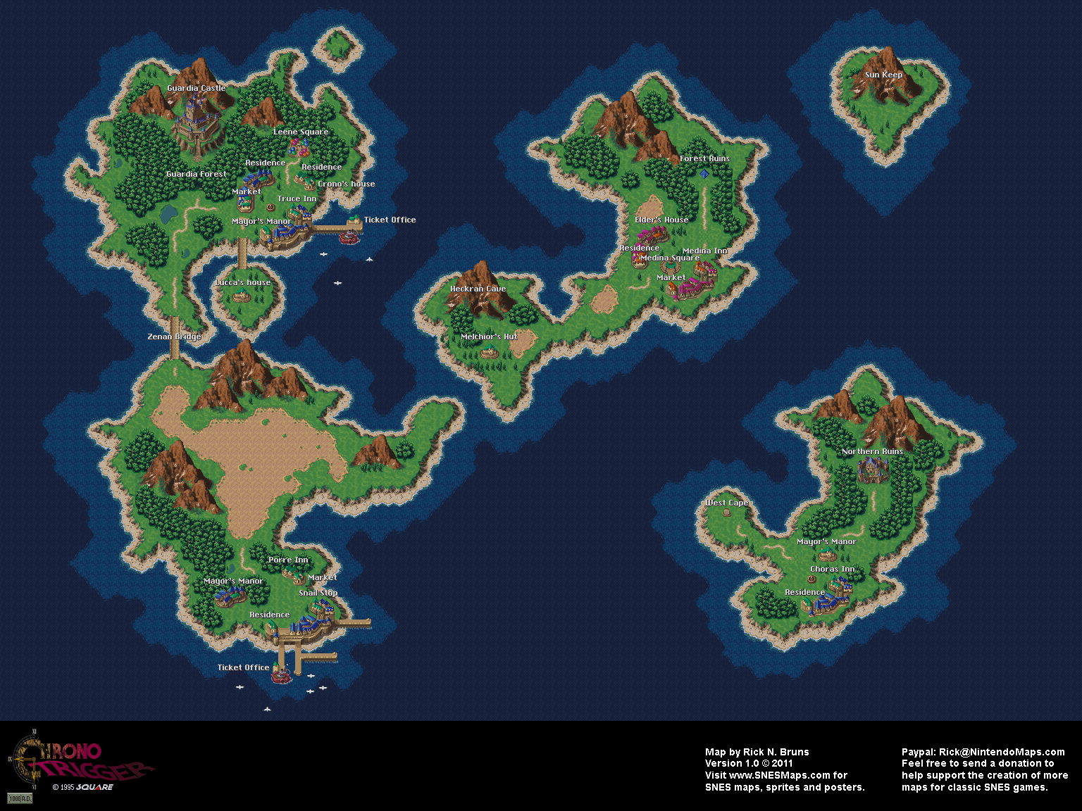 Chrono Trigger overworld map showing the present day 1000 AD era