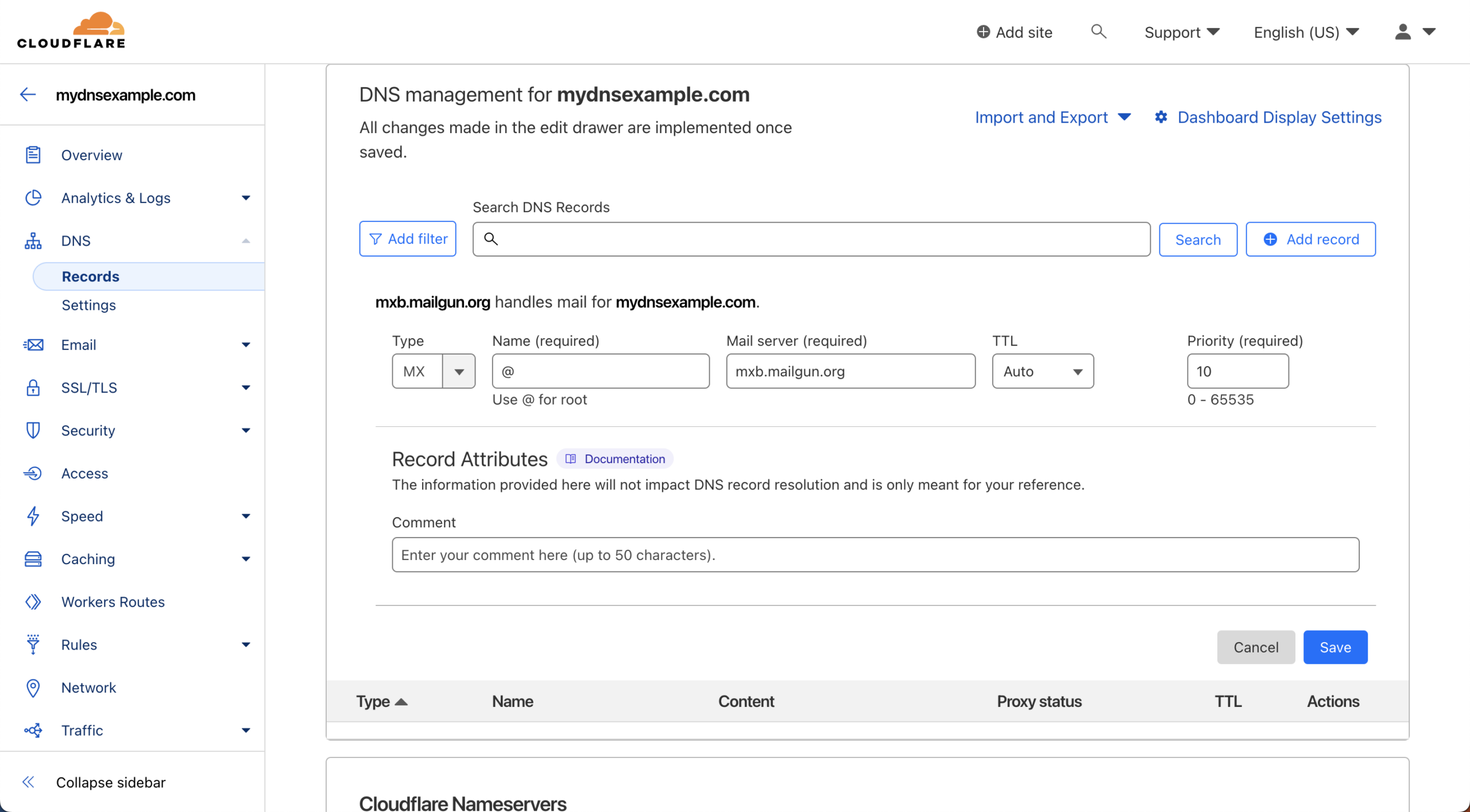 Cloudflare DNS management dashboard showing DNS record configuration