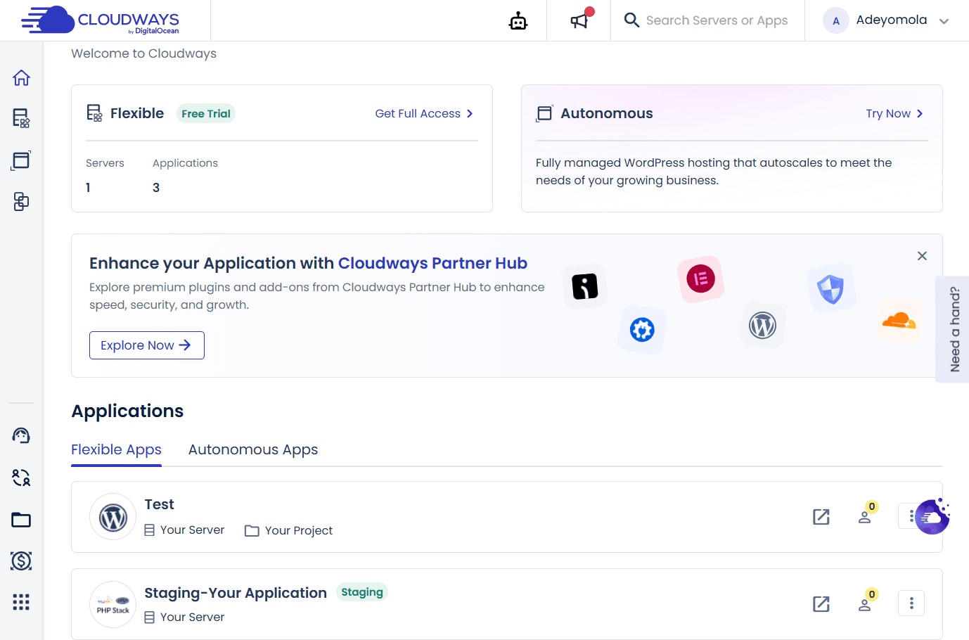 Cloudways dashboard showing server monitoring and management interface for WordPress hosting