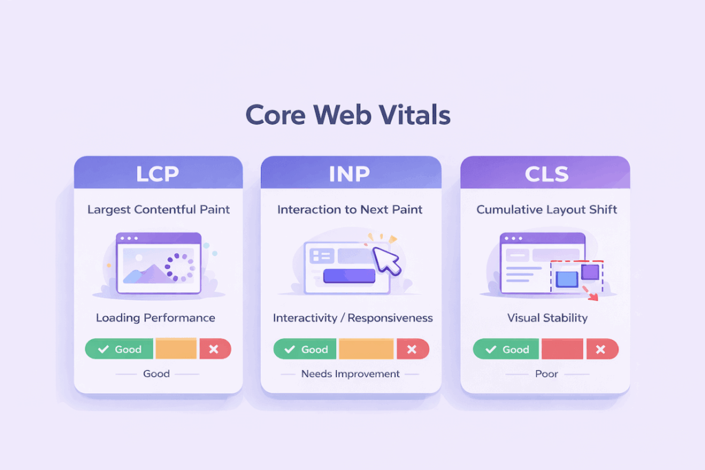 Core Web Vitals breakdown showing LCP, INP, and CLS thresholds for good, needs improvement, and poor scores