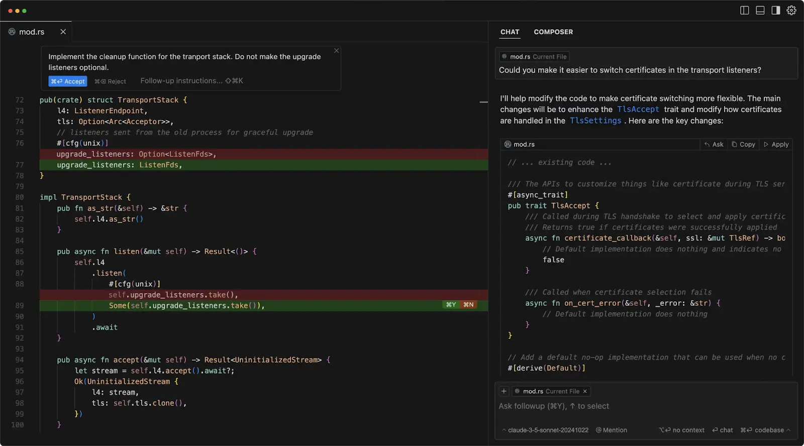 Cursor interface showing diff review with inline changes