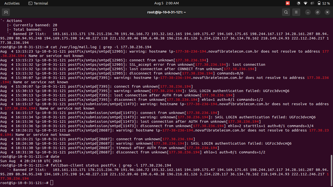 Fail2ban terminal output showing banned IP addresses for bot protection