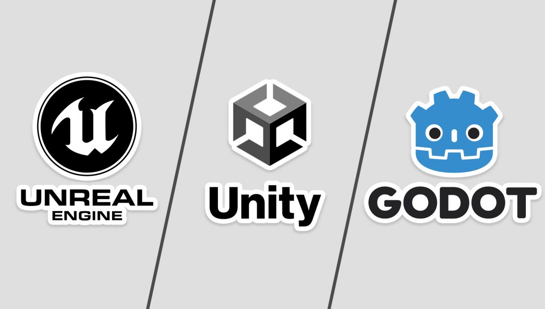 Game engine comparison showing Unity, Godot, and Unreal Engine logos with their key characteristics