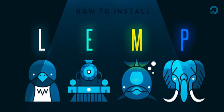 LEMP stack illustration showing Linux, Nginx, MySQL, and PHP mascots