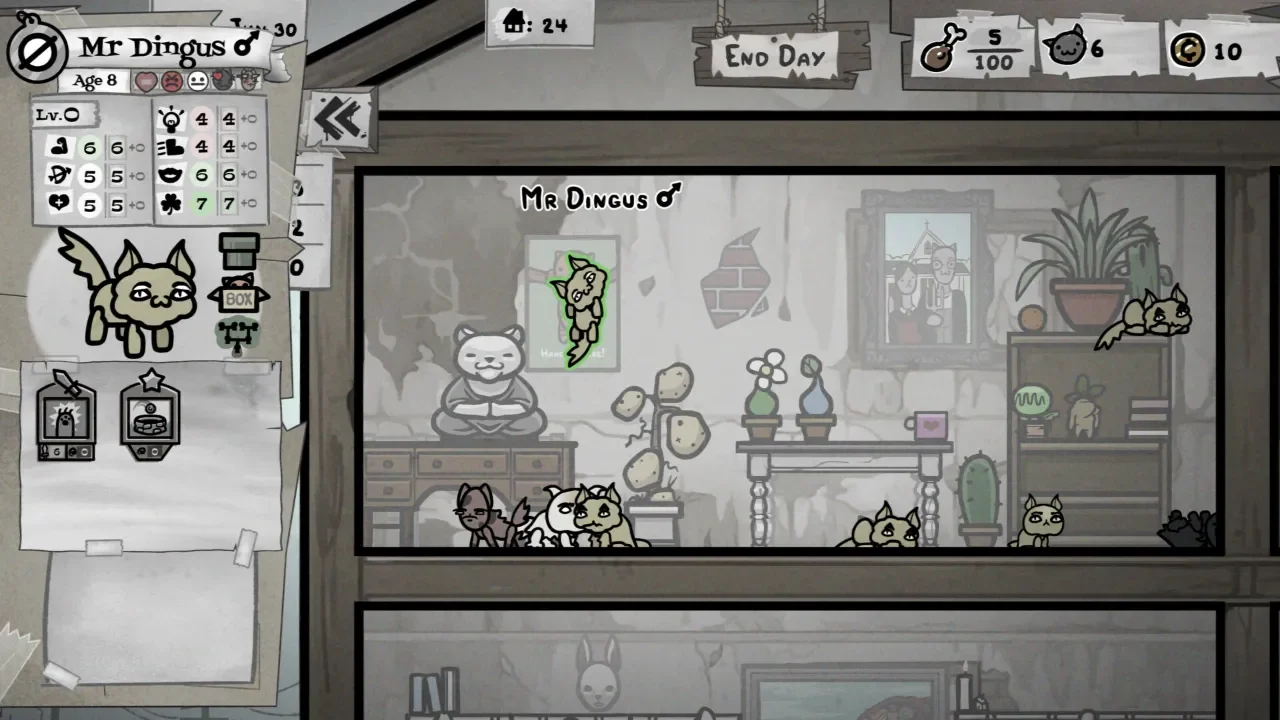 A well-furnished room in MewGenics with multiple furniture pieces and cats