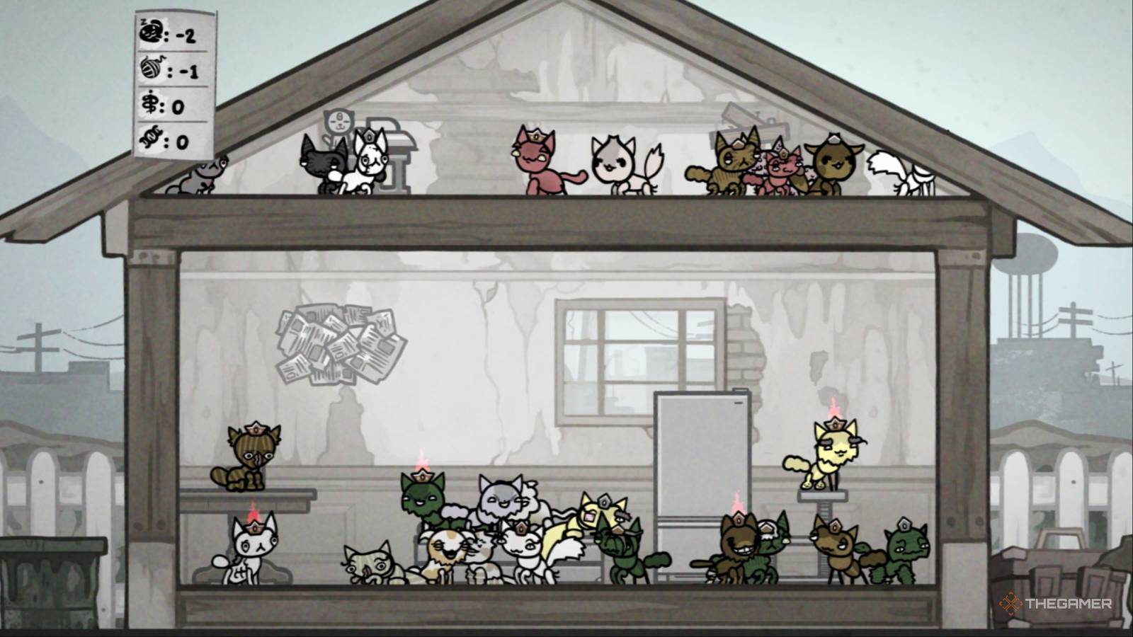 Mewgenics house management screen showing cats and furniture