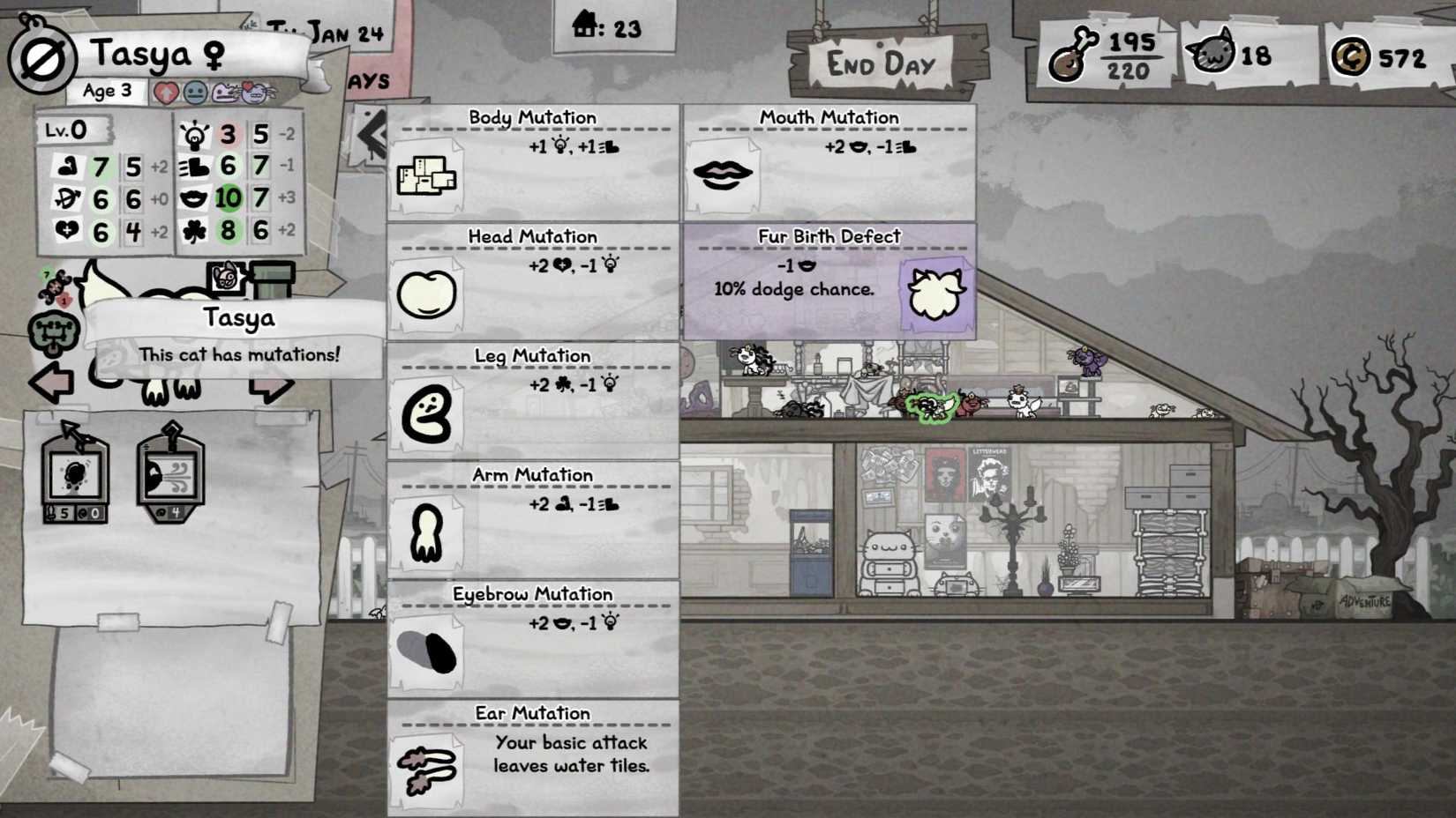 Mewgenics mutation screen showing mutated cat with multiple body part mutations active