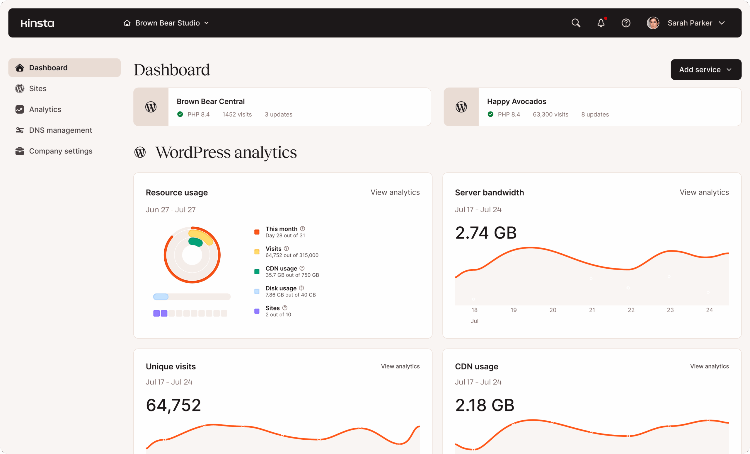 MyKinsta dashboard showing the Kinsta WordPress hosting management interface