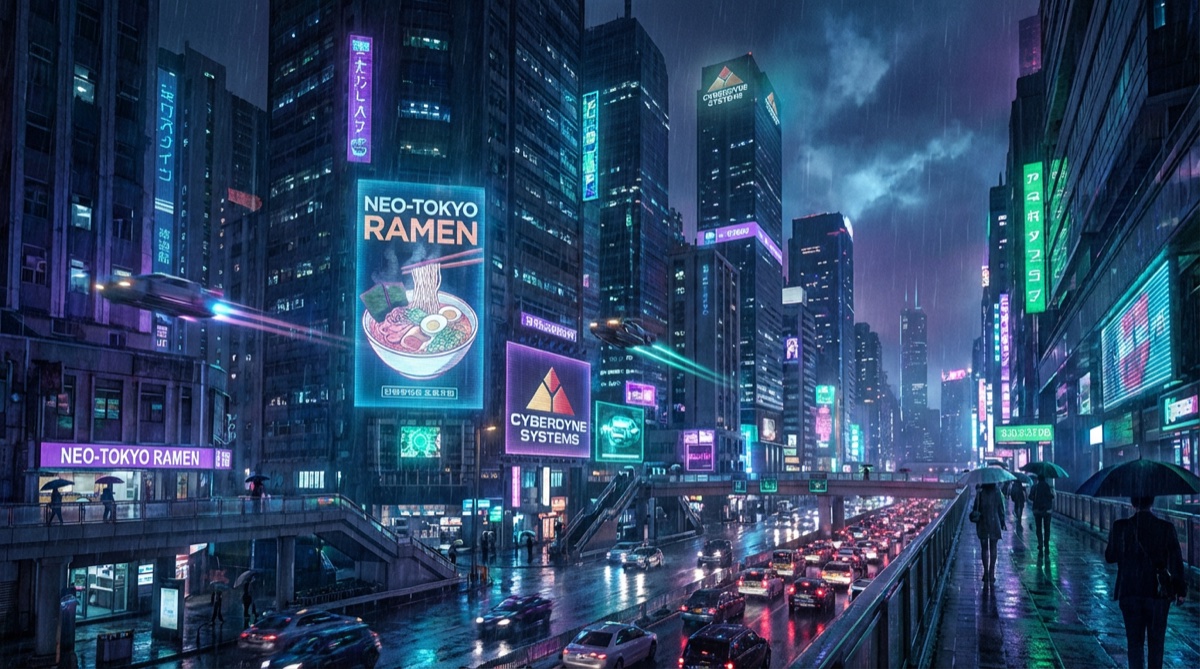 Cyberpunk street market generated by Nano Banana 2 AI image generation