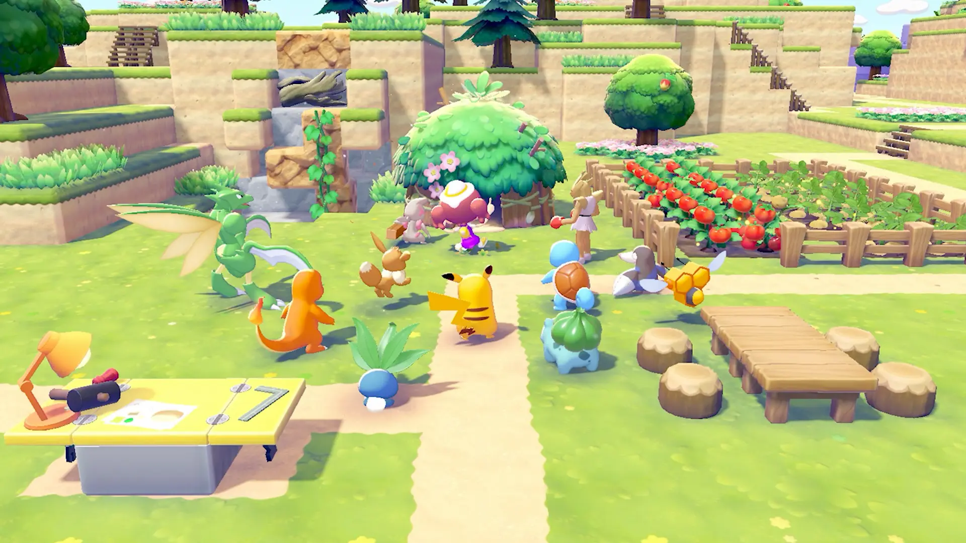 Pokemon Pokopia habitat building with Bulbasaur and Charmander