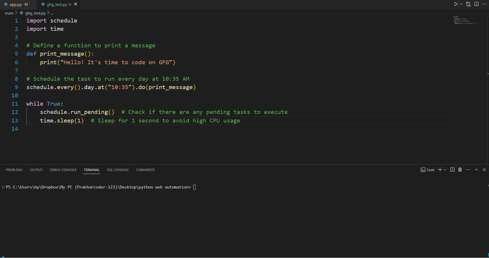 Python scheduled task running in terminal