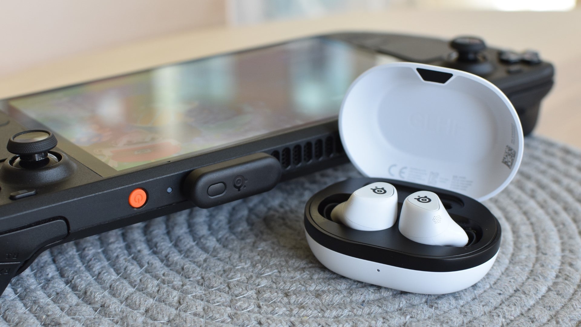 SteelSeries Arctis GameBuds paired with Steam Deck handheld