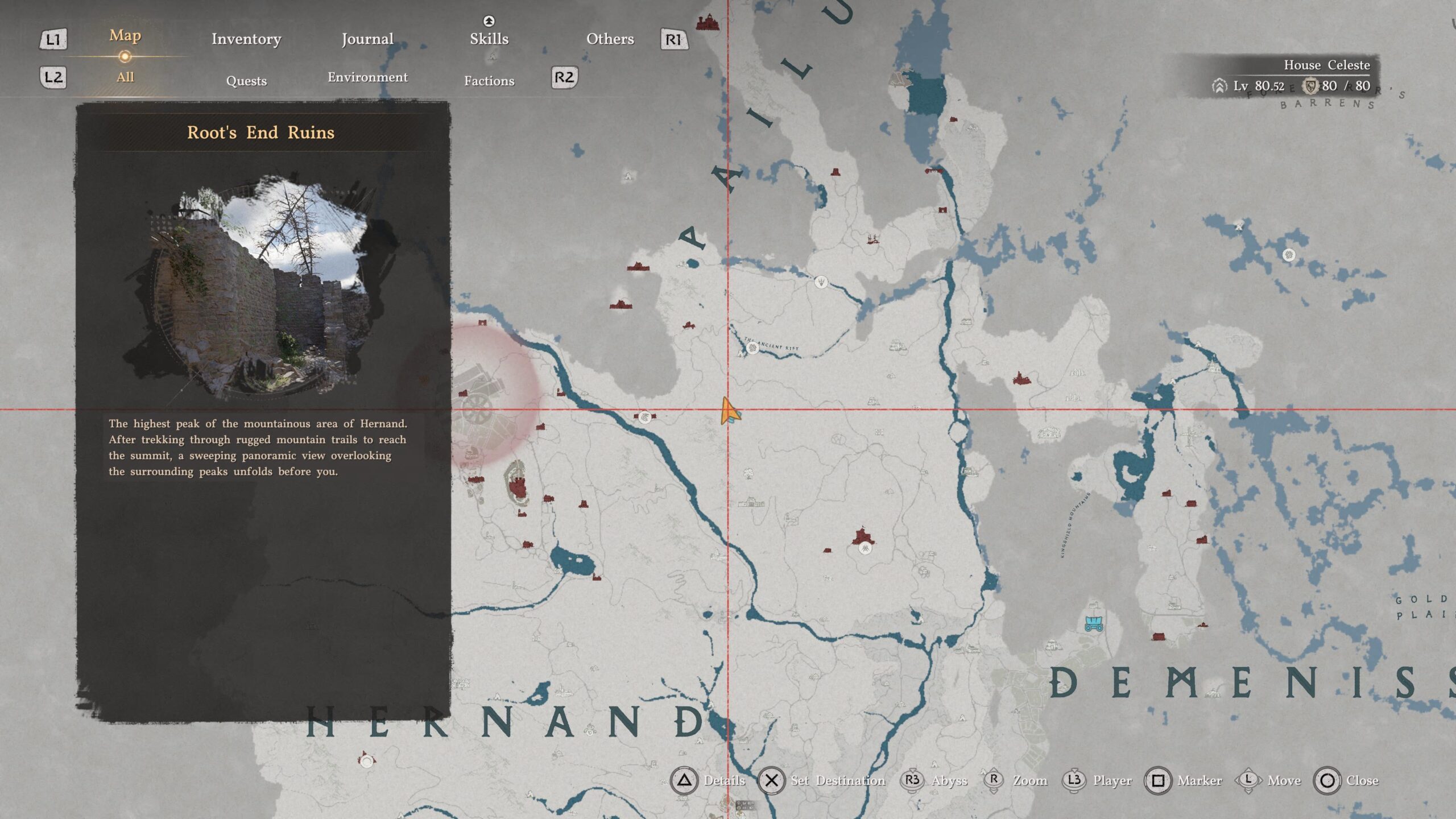 Crimson Desert world map showing Root's End Ruins selected in the Hernand region
