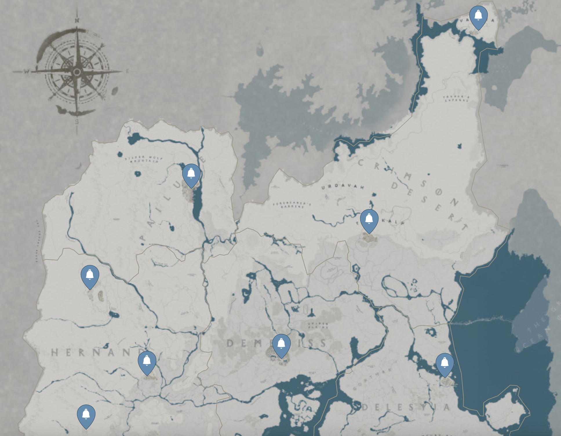 Crimson Desert map showing all 8 bell tower locations