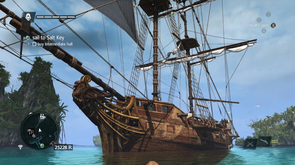 Assassin's Creed IV Black Flag the Jackdaw ship in a Caribbean harbor