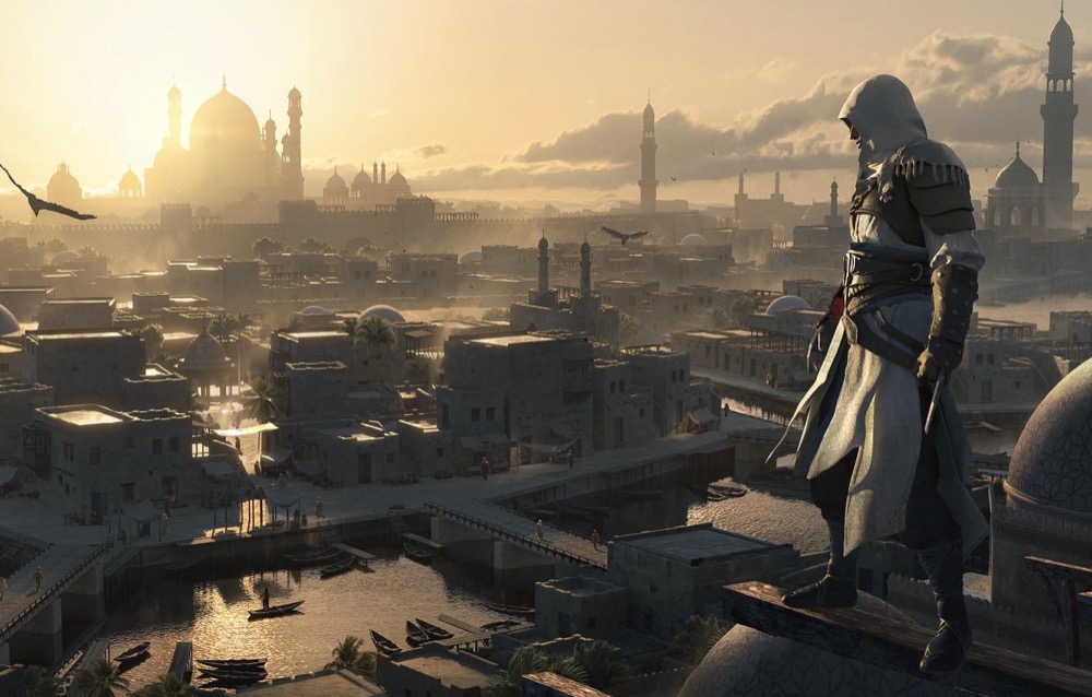 Assassin's Creed Mirage Basim overlooking Baghdad at sunset