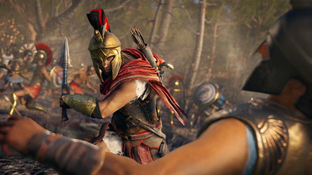 Assassin's Creed Odyssey Kassandra in Spartan armor during combat in Greece