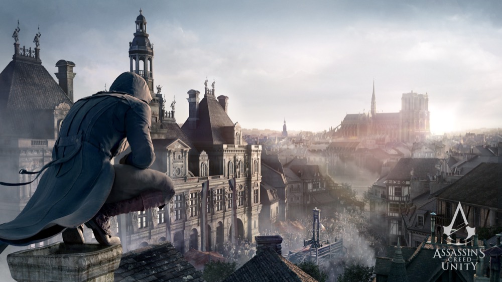 Assassin's Creed Unity Arno Dorian overlooking Paris rooftops
