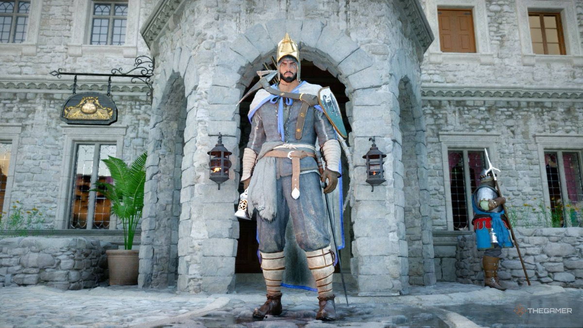 Crimson Desert bank guard NPC standing at Hernand building entrance