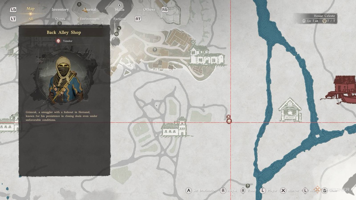 Crimson Desert map showing Grimrak mask shop location south of church in Hernand
