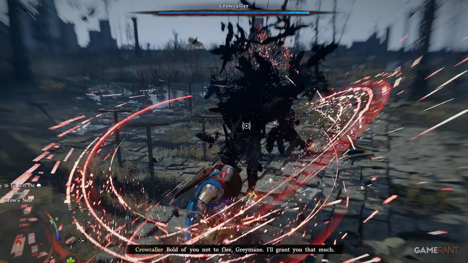 Crimson Desert Crowcaller Draven boss fight with red attack effects