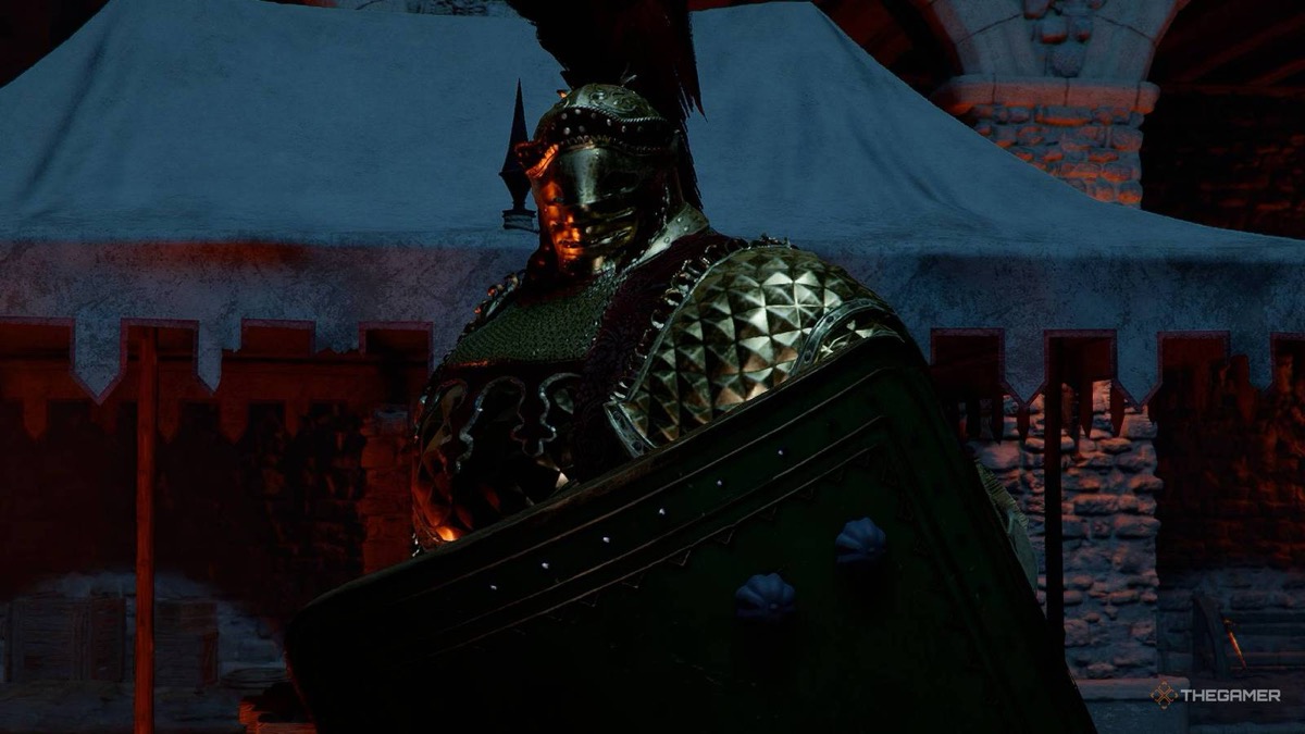 Crimson Desert Fortain the Cursed Knight boss in armor with shield
