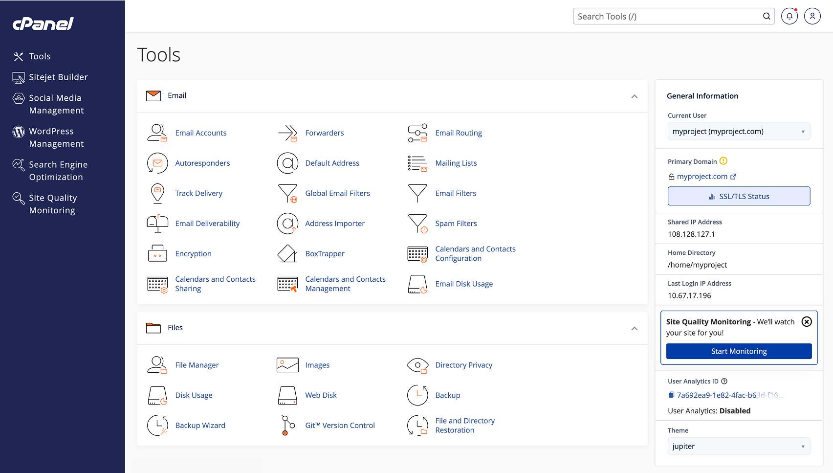 cPanel hosting control panel dashboard showing tools available on shared hosting plans