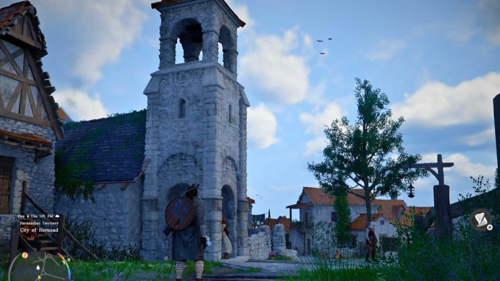 Crimson Desert bell tower in Hernand with Kliff standing at the base ready to climb