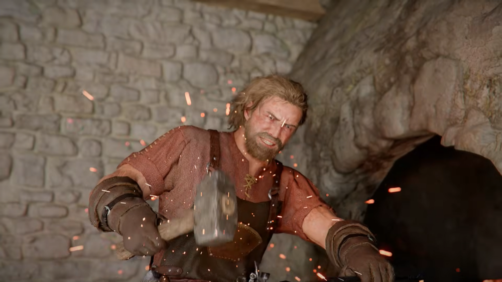 Crimson Desert blacksmith forging a weapon with hammer and sparks