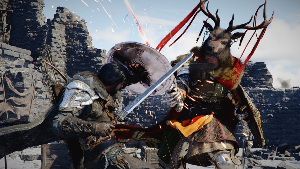Crimson Desert boss fight showing Kliff with sword and shield against an antlered enemy