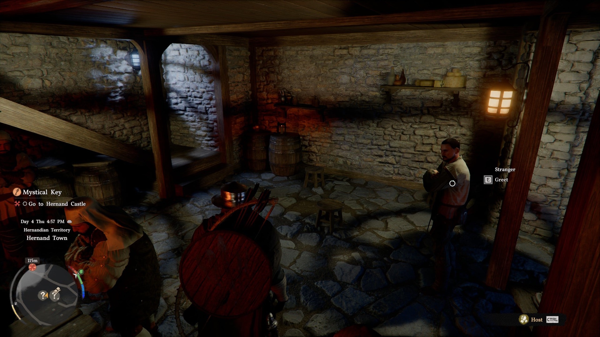 Crimson Desert HUD showing minimap with temperature gauge, quest tracker, and NPC interaction prompt in Hernand Town