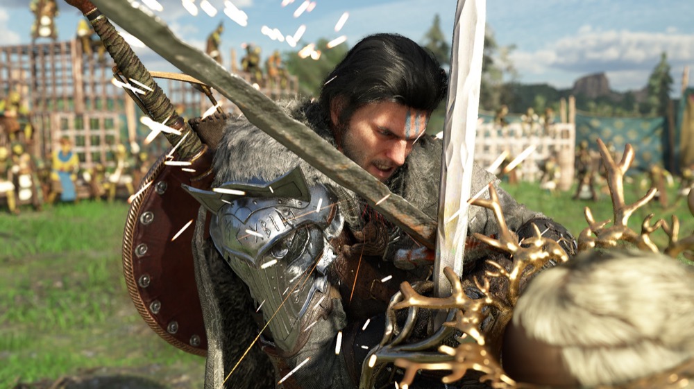 Crimson Desert Kliff close-up sword clash with sparks flying during melee combat