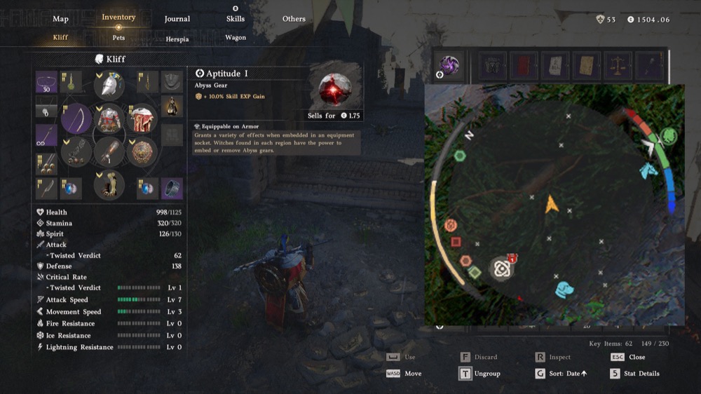 Crimson Desert minimap showing color-coded icons for quests, bounties, and fast travel near the character menu