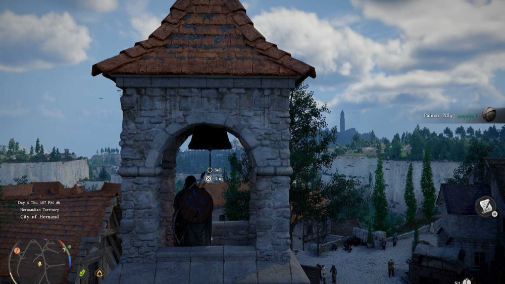 Crimson Desert Kliff at the top of Hernand bell tower with Ring prompt visible