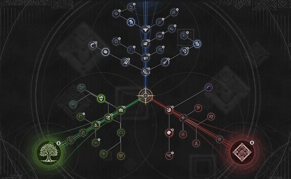 Crimson Desert skill tree showing blue, green, and red branches for combat progression