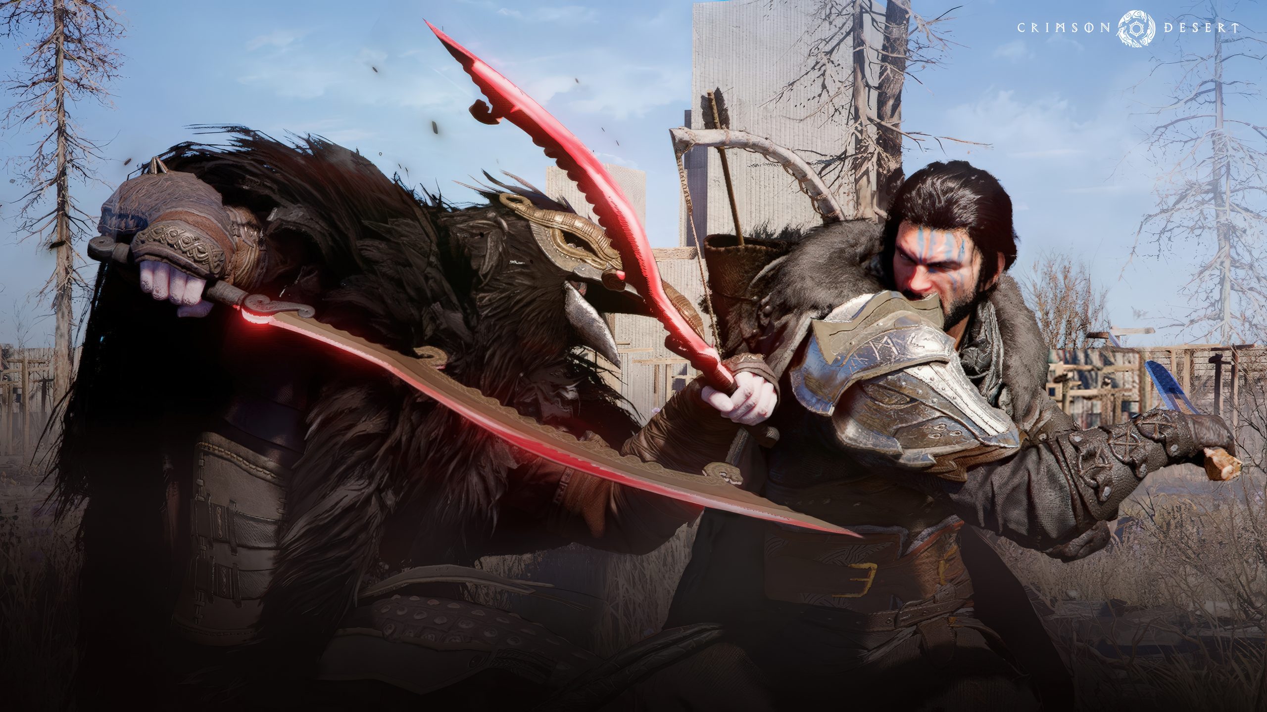 Crimson Desert unique weapon combat showing Kliff fighting with a curved sword and shield