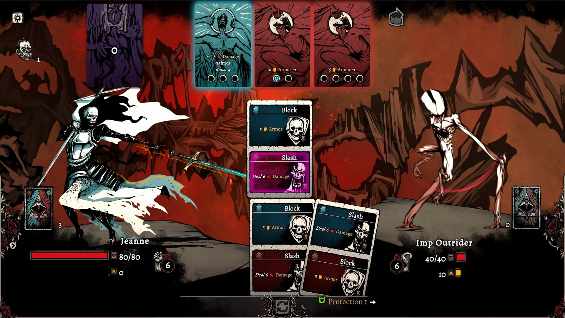Deckbuilder card game showing Block and Slash card effects with damage and armor values