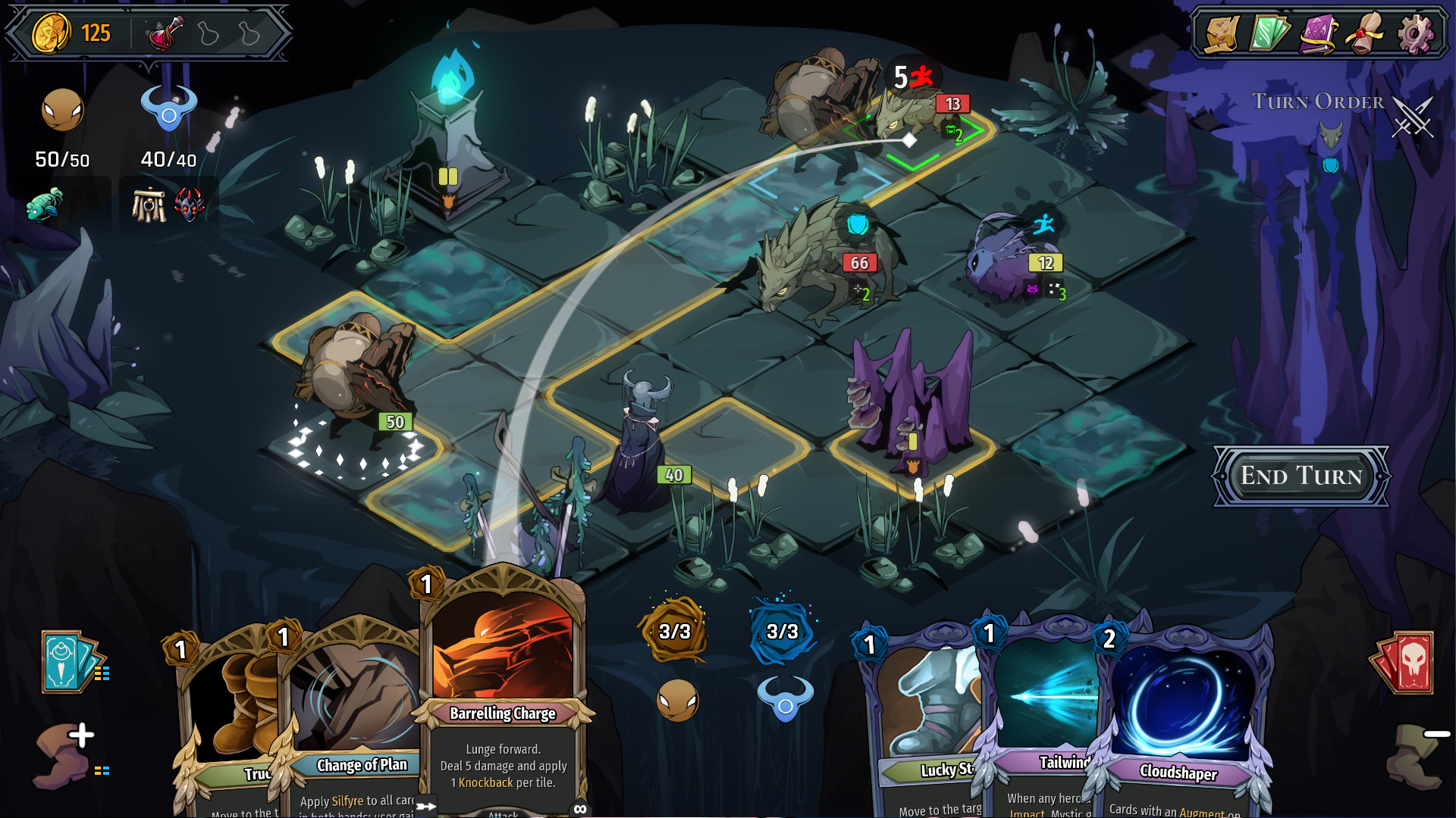 Deckbuilder card game combat showing cards in hand with mana costs and turn order