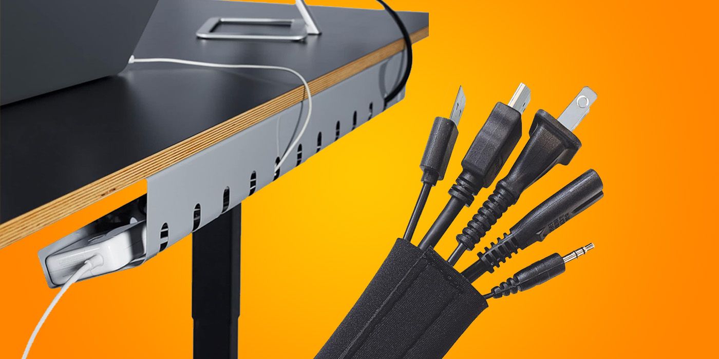 Under desk cable management tray and cable sleeve keeping wires organized