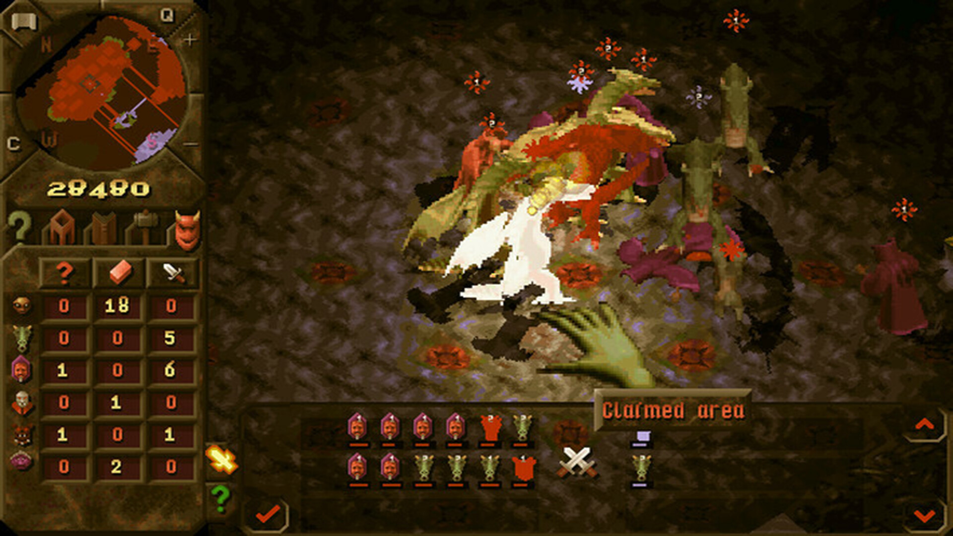 Dungeon Keeper Hand of Evil grabbing creatures in the dungeon